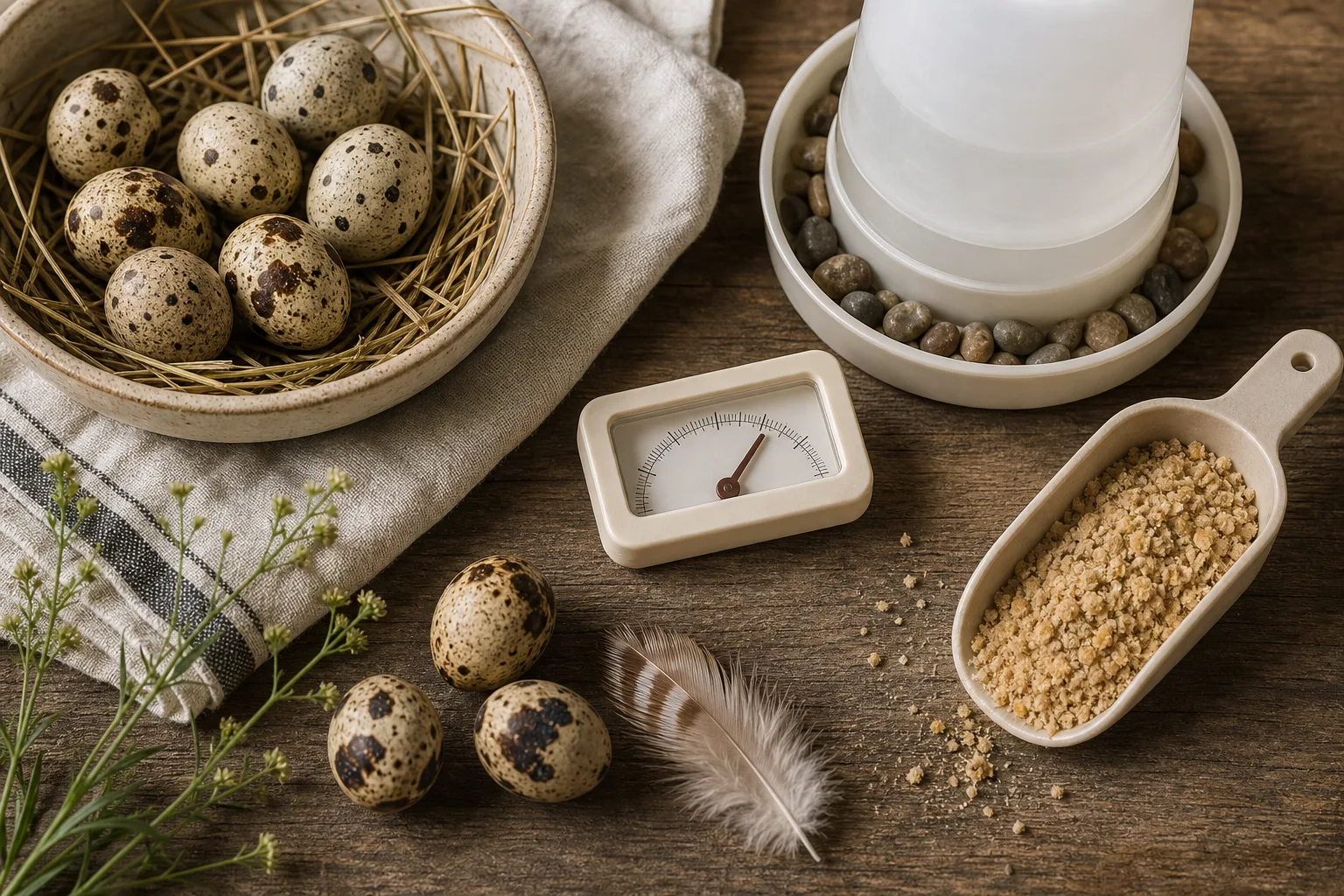 Flat lay of backyard quail gear: a thermometer, chick waterer, a scoop of crumble and speckled quail eggs