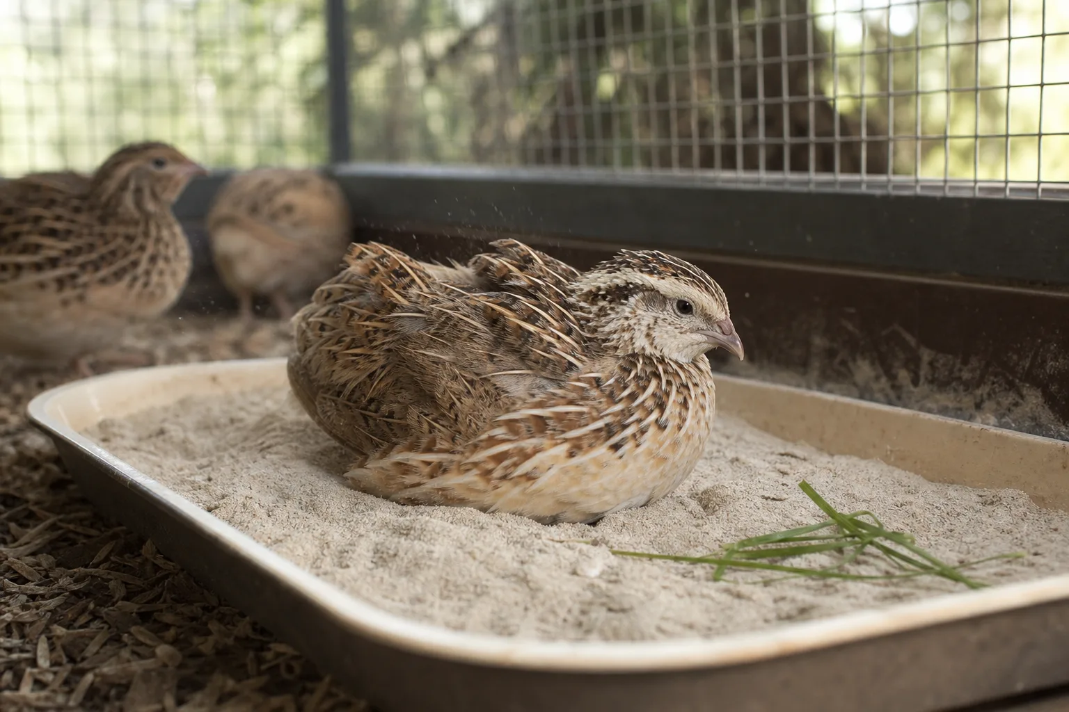 Adult coturnix quail dust-bathing in a shallow tray of sand inside a wire run