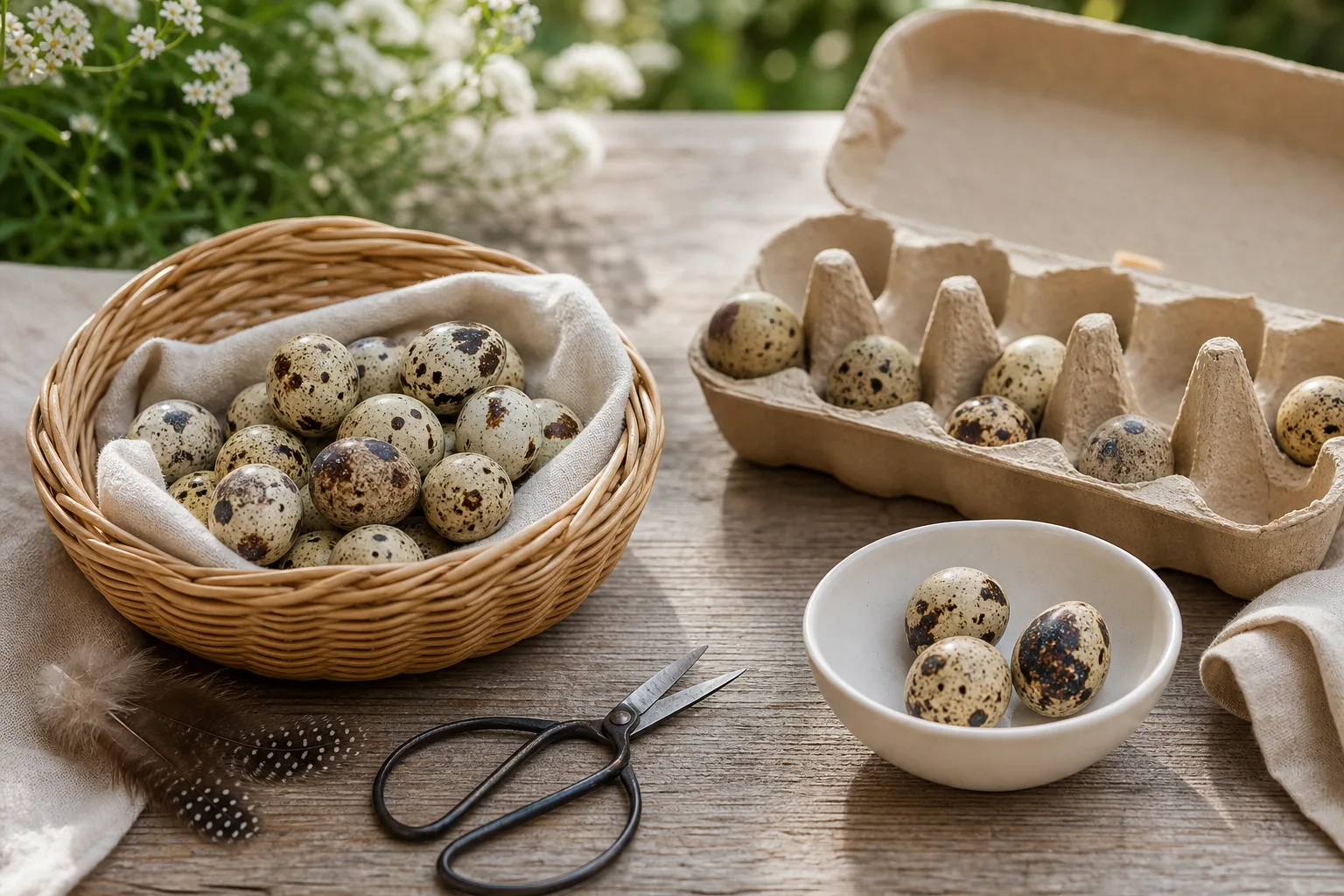 A basket of speckled quail eggs on a wooden table with small scissors and an open carton
