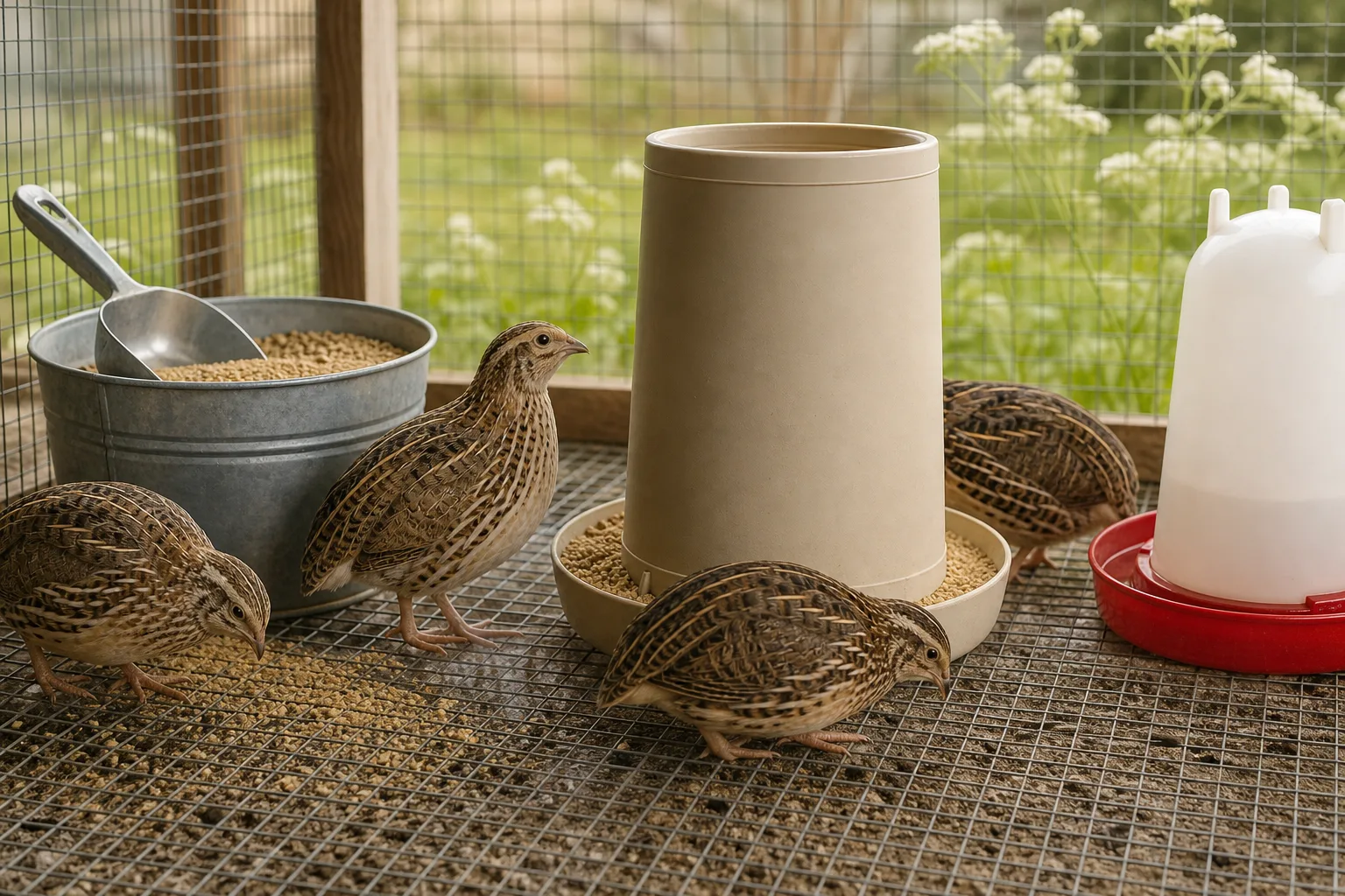 A gravity feeder and drinker on a cage floor with coturnix quail pecking at crumble