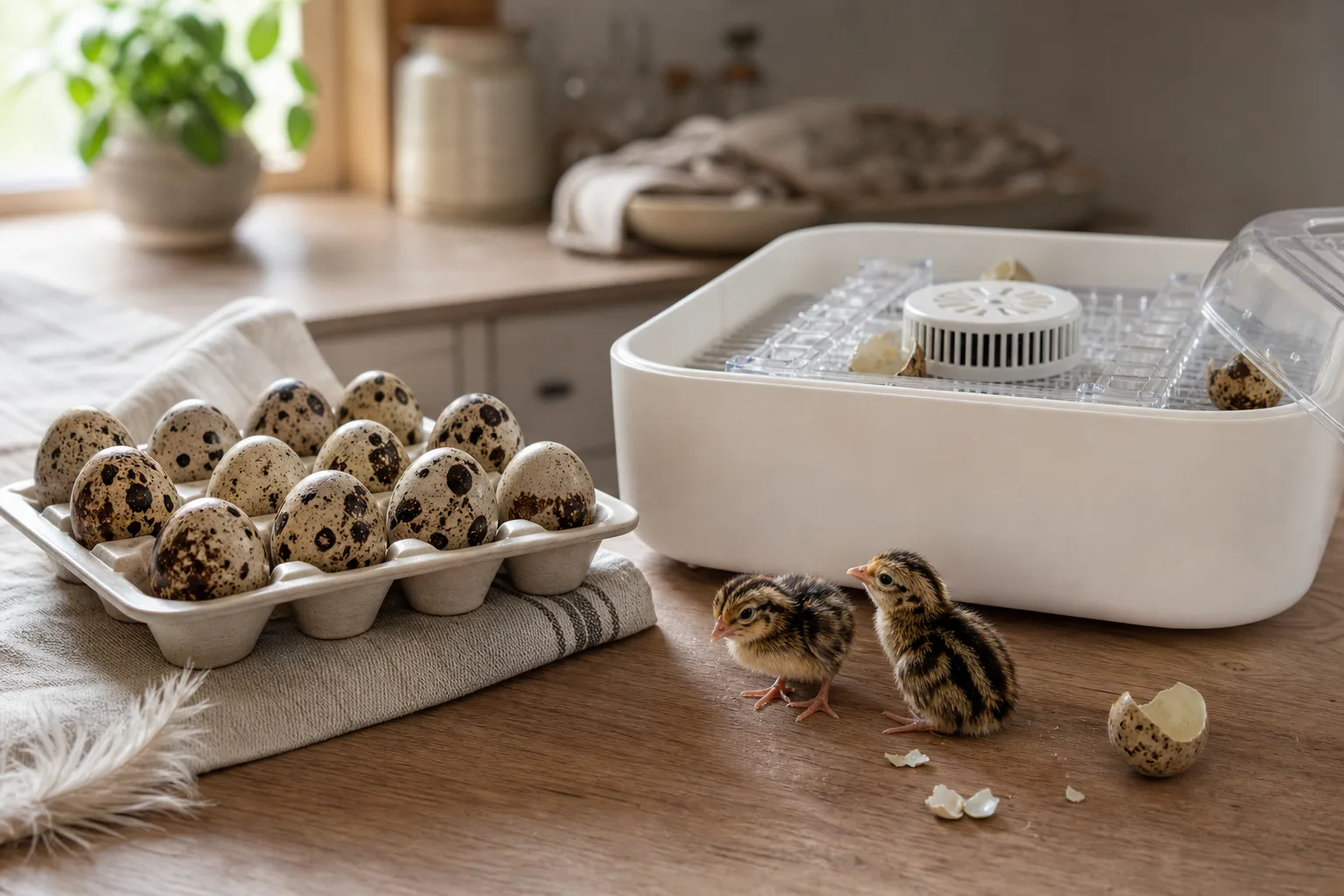 Speckled quail eggs in a tray beside a countertop incubator with newly hatched chicks