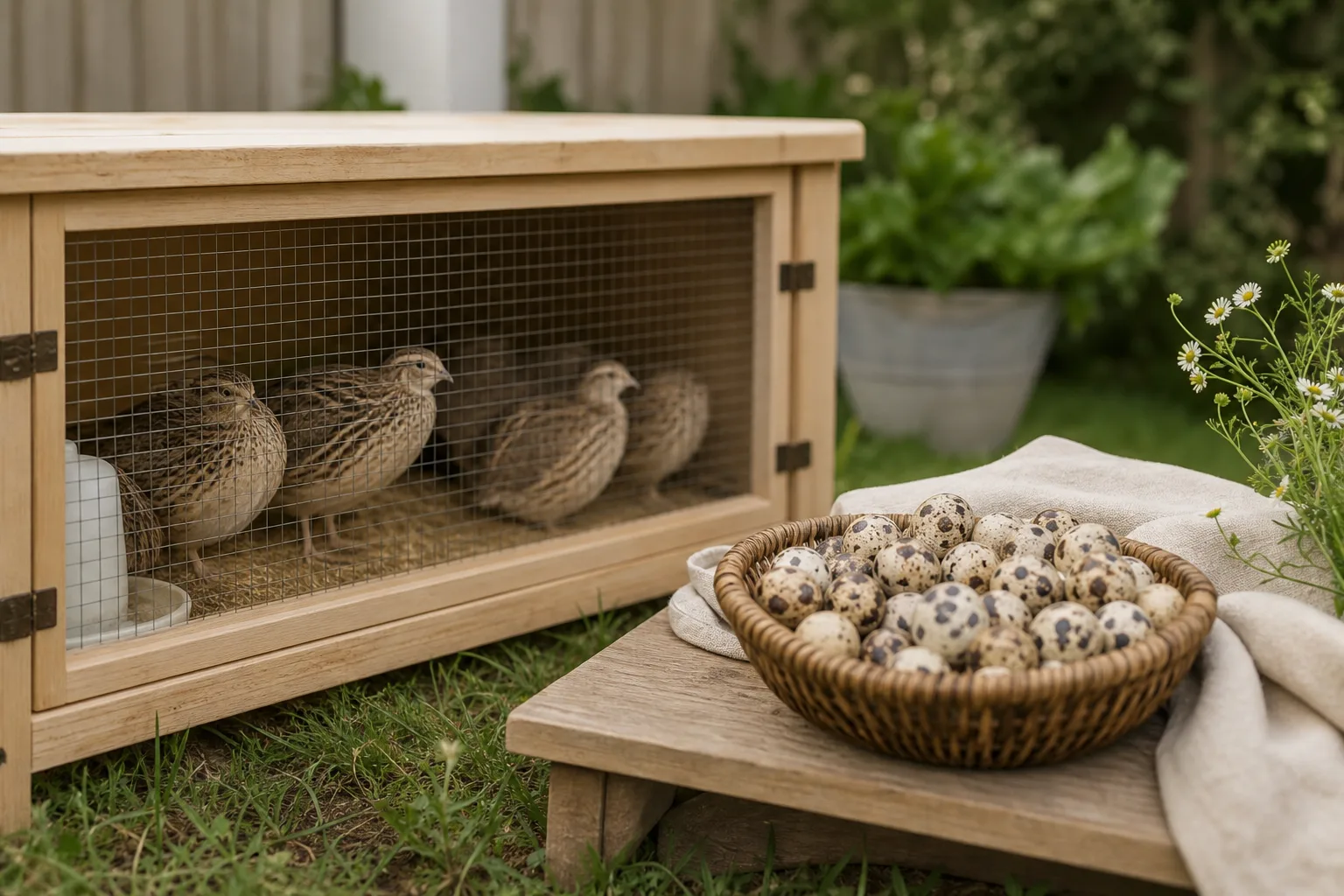 A small backyard quail hutch on grass with a basket of speckled quail eggs in the foreground