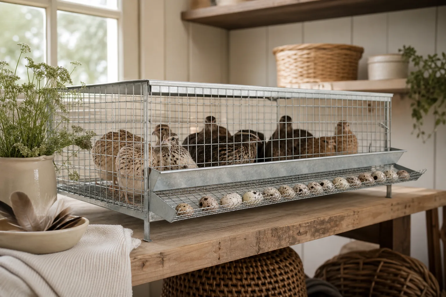 A galvanised wire quail cage on a wooden bench with eggs in the front collection tray