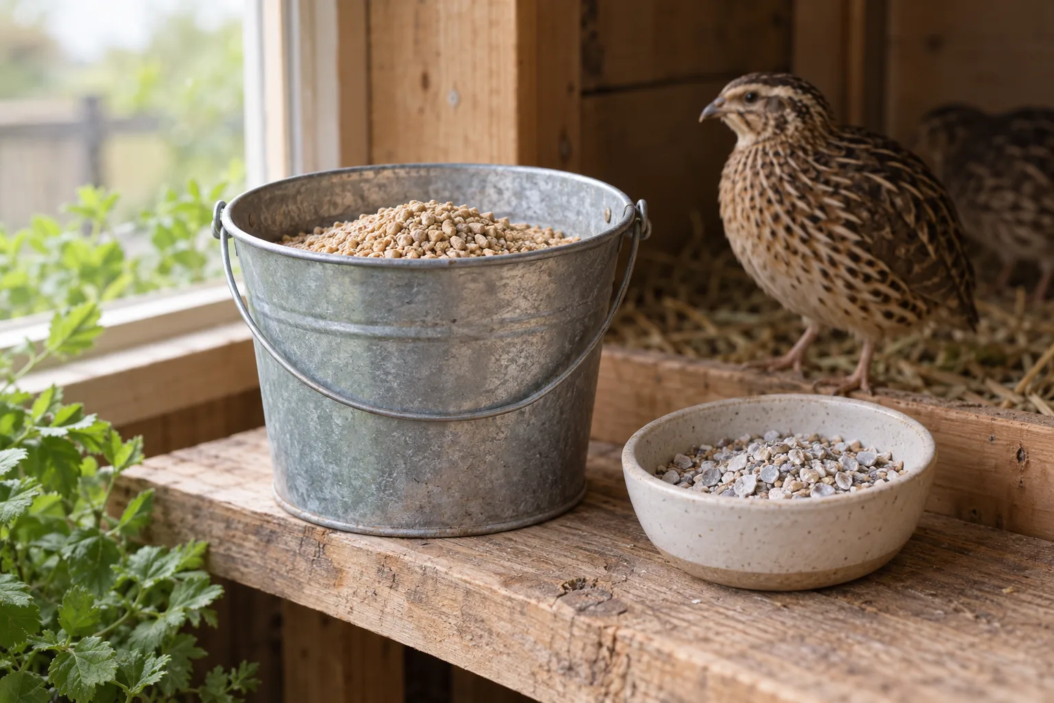 A scoop of plain game-bird crumble feed in a galvanised bucket beside a small dish of oyster shell and grit on a rustic wooden shelf.