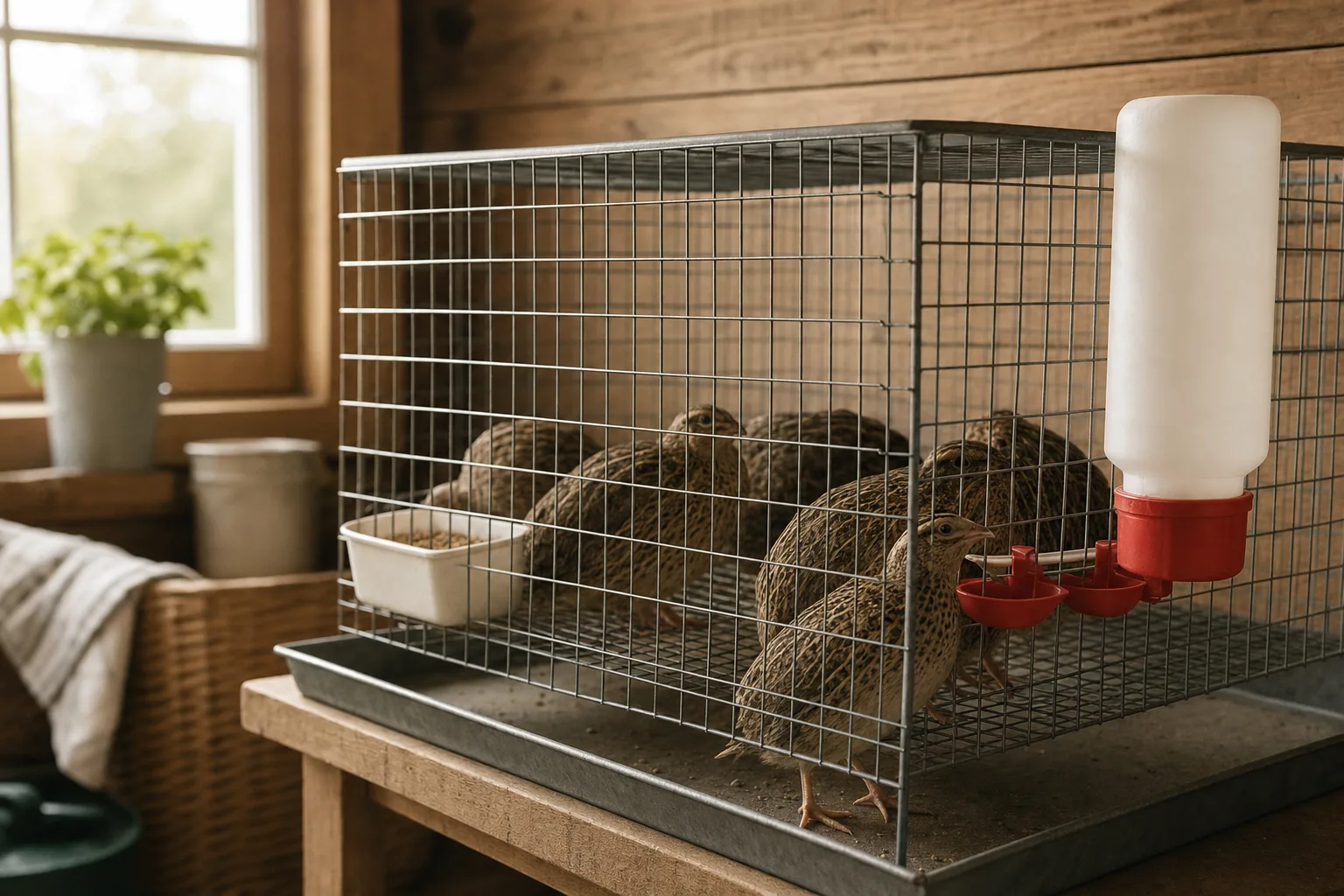 A wire quail cage with a plain unbranded red-and-white gravity waterer bottle mounted outside the mesh and a few coturnix quail drinking from it.