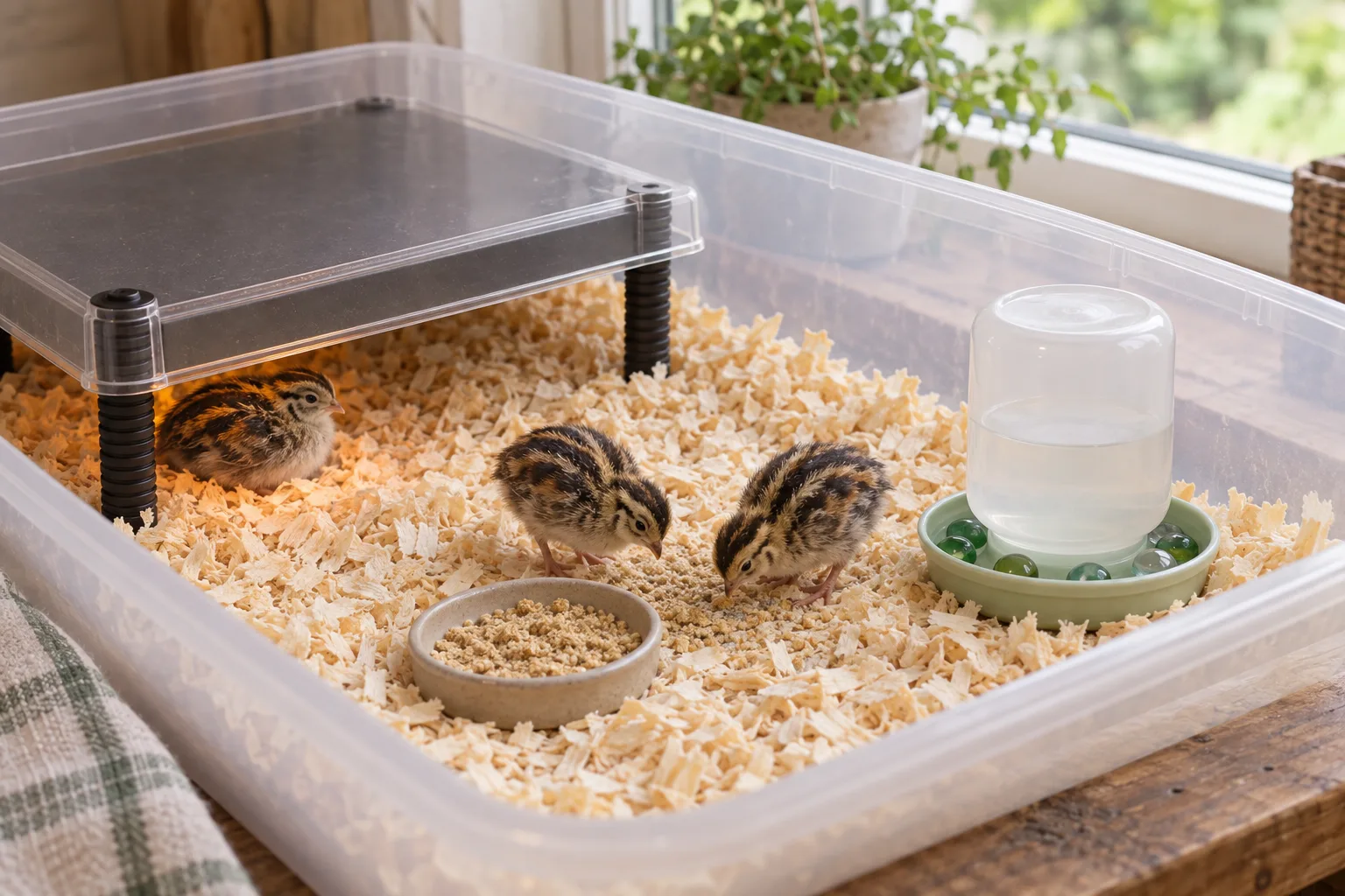 A shallow brooder tub lined with pine shavings, an unbranded flat heat plate at one side, a shallow waterer, and three tiny button-quail chicks resting and pecking on the floor.