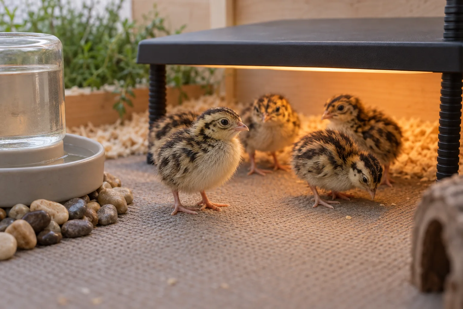 A few small newly hatched striped quail chicks stand on a soft textured brooder floor in a warm, tidy corner under a plain flat heat source, with a shallow chick waterer nearby.