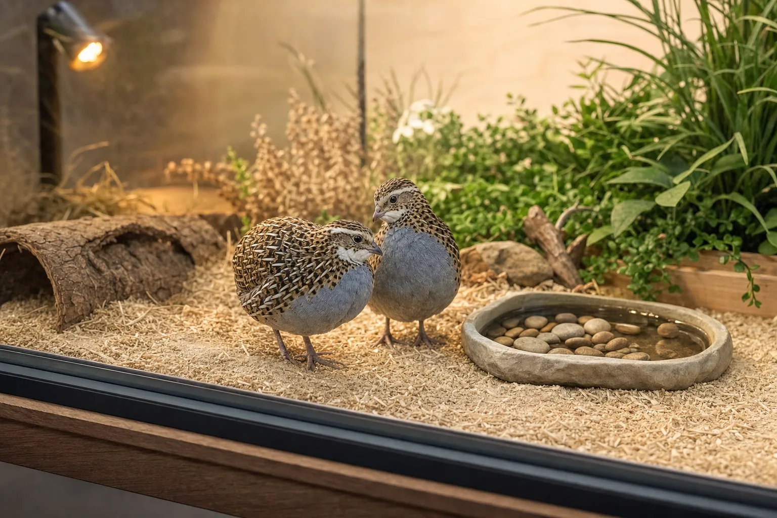 Two tiny button quail resting on soft substrate inside a small indoor glass-fronted floor enclosure with a planted corner in warm lamplight.