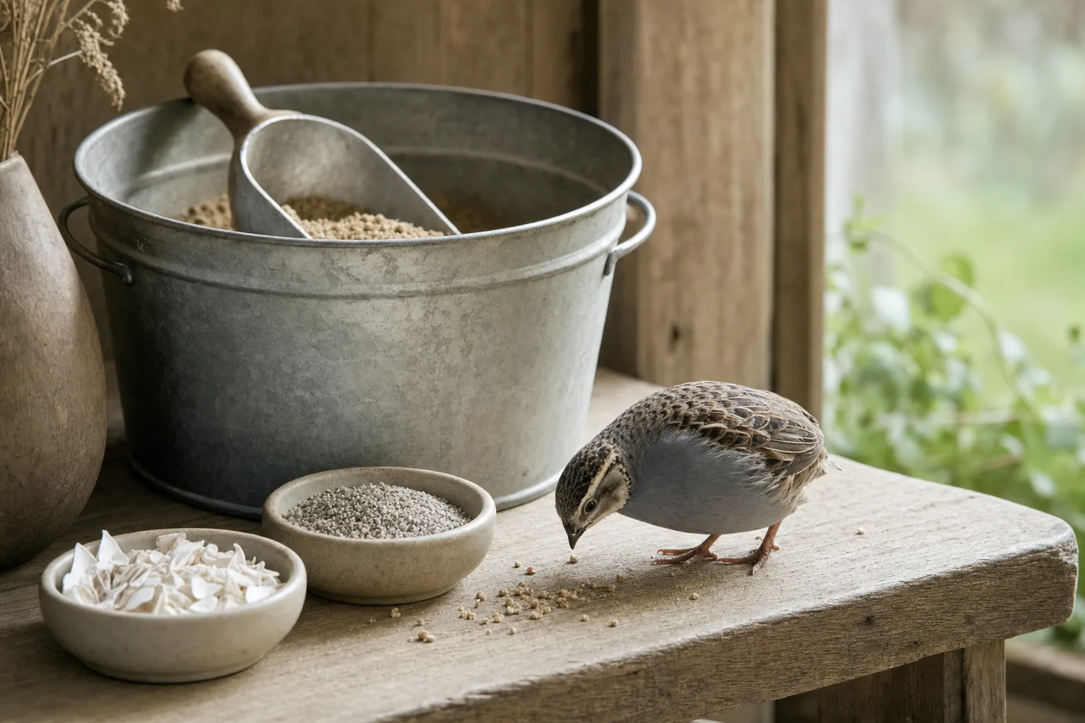 A scoop of game-bird crumble in an unmarked bucket next to small dishes of oyster shell and grit, with a tiny button quail pecking crumbs on a rustic shelf.