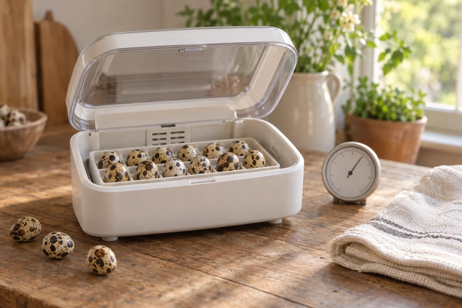 A small unbranded countertop incubator on a kitchen table with its lid open, showing tiny speckled quail eggs in a fitted tray beside a hygrometer.