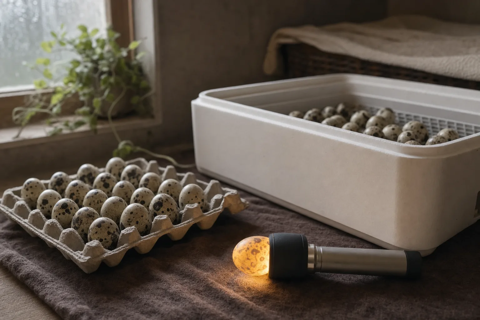 Several small speckled quail eggs resting in a foam tray beside a plain countertop incubator and a bare handheld egg light in a dim hatch-room corner.
