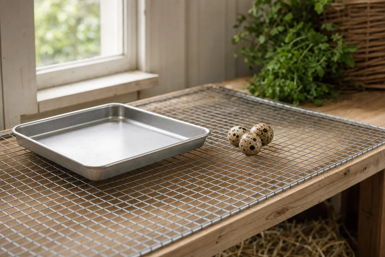 A plain wire quail cage floor of square welded mesh resting on a wooden bench in a shed, with three speckled quail eggs on the mesh beside a shallow tray, in soft window light.