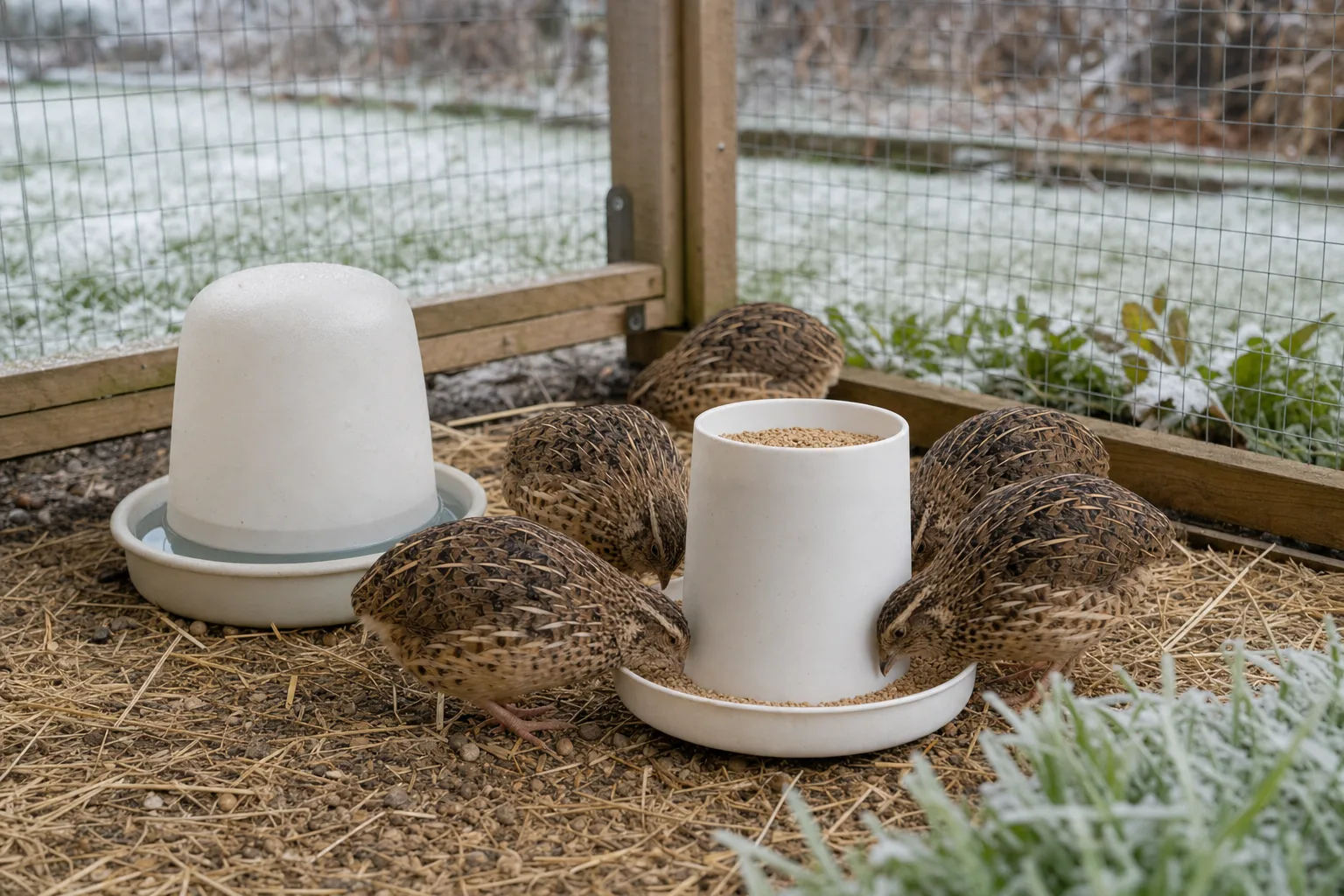 Adult coturnix quail pecking at crumble beside a plain unbranded gravity waterer and feeder on the floor of a backyard wire run, with a light dusting of frost on the grass outside.