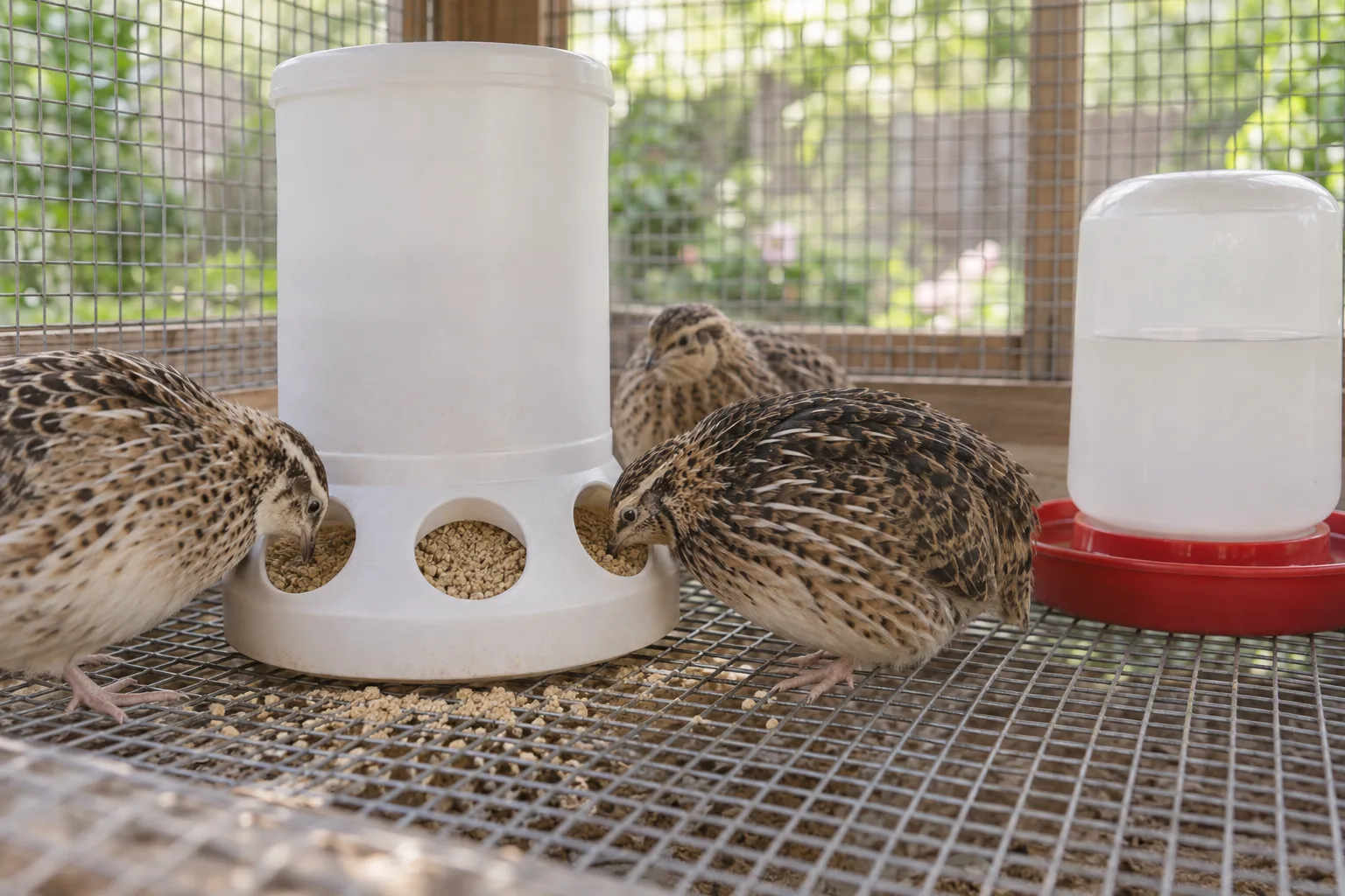 Adult coturnix quail pecking crumble from a plain unbranded white ported gravity feeder inside a backyard cage, with an unbranded red-and-white drinker beside it.