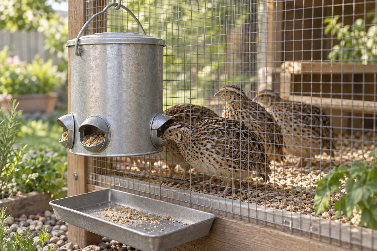 A plain unbranded ported bucket feeder hung on the wire of a tidy quail cage while a few adult Coturnix quail peck crumble from its openings.