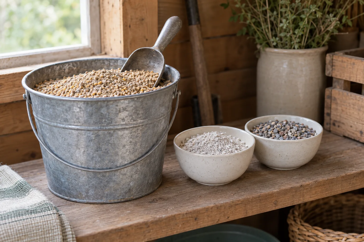A galvanised bucket holding a scoop of game bird crumble sits on a rustic wooden shelf beside two small plain dishes, one of pale oyster shell and one of coarse grit, in soft morning light.