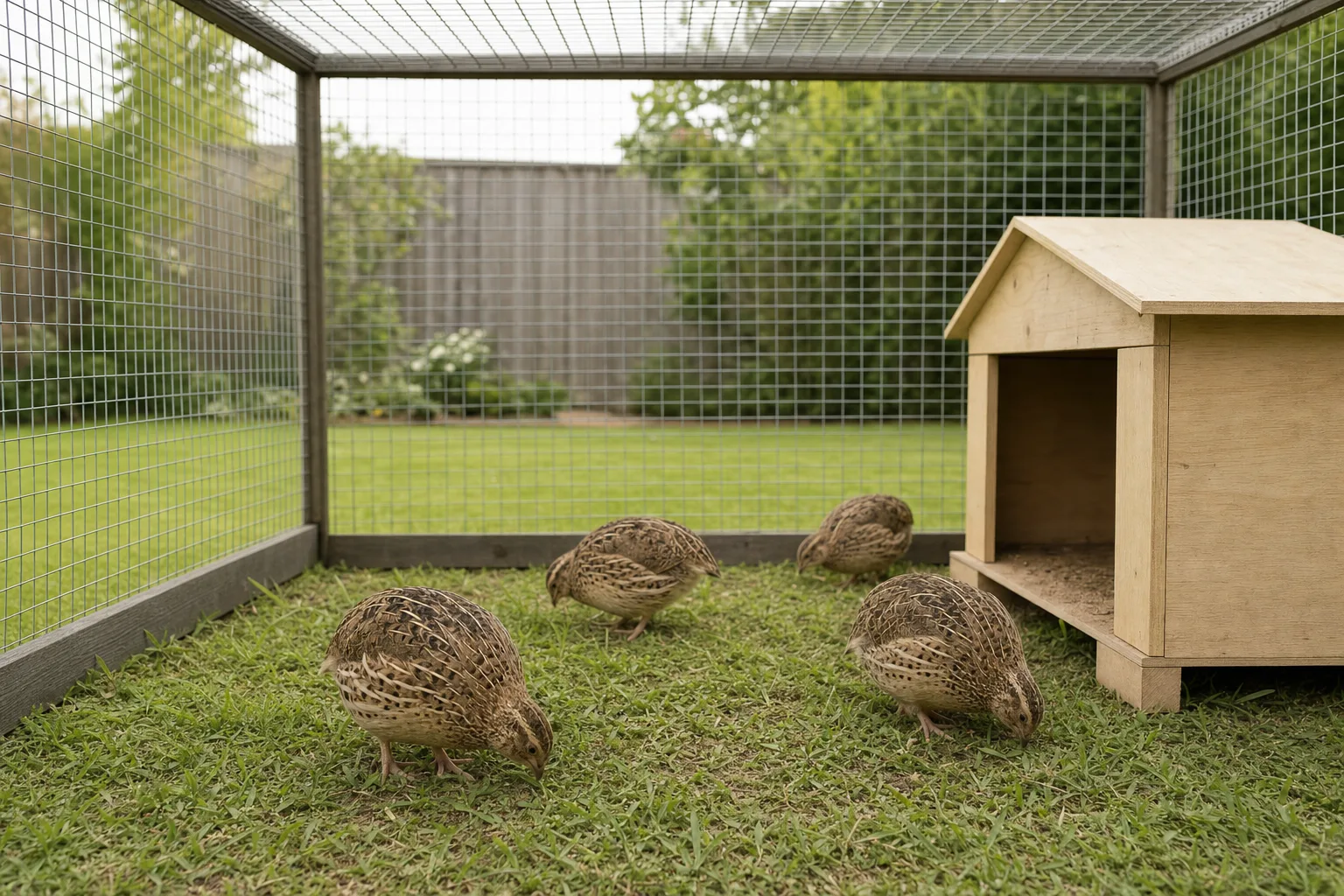 A plain, unbranded ground-level wire aviary run with a small wooden shelter corner on a backyard lawn, with speckled Coturnix quail foraging calmly inside.