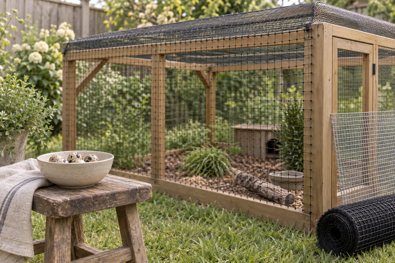 A backyard wooden aviary frame covered by plain black knotted netting, with a roll of generic netting and wire mesh beside it and a bowl of speckled quail eggs in the foreground.