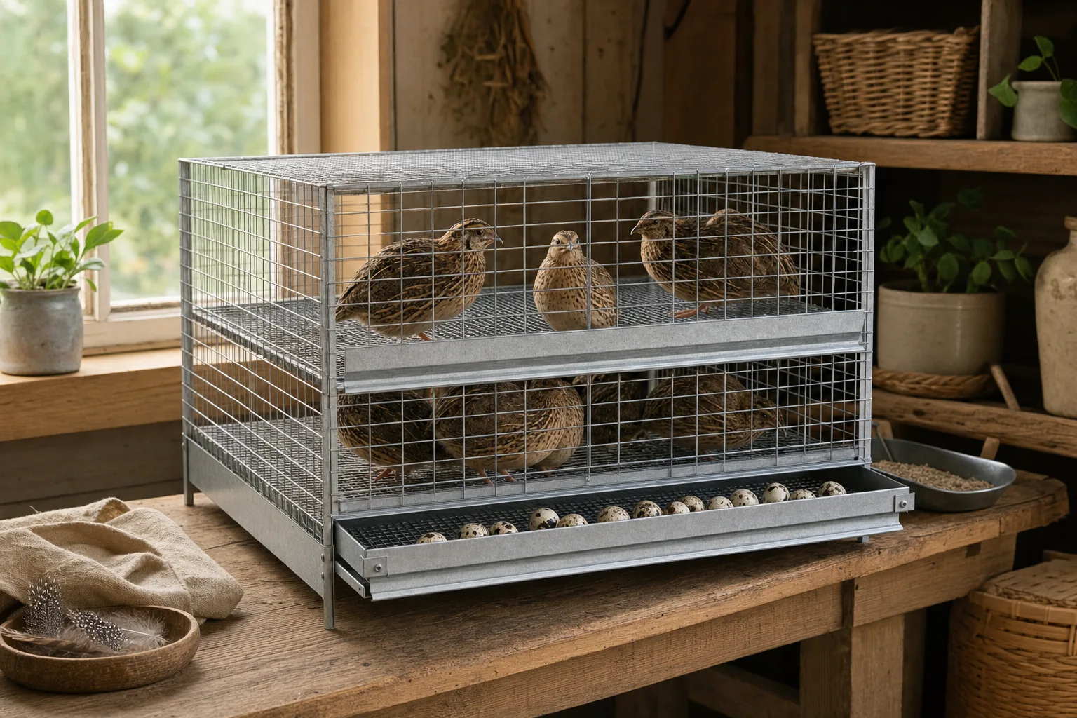 A plain galvanised wire breeder cage on a wooden bench in a tidy garden shed, with a pull-out tray beneath and several speckled quail eggs resting in a front collection tray.
