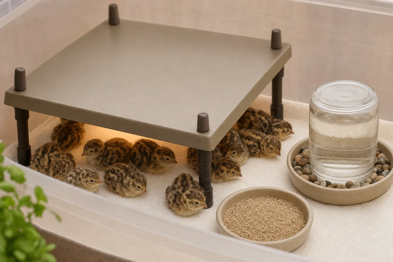 Newly hatched quail chicks tucked under a plain radiant heat plate in a paper-lined tub brooder with a shallow waterer and low chick feeder.