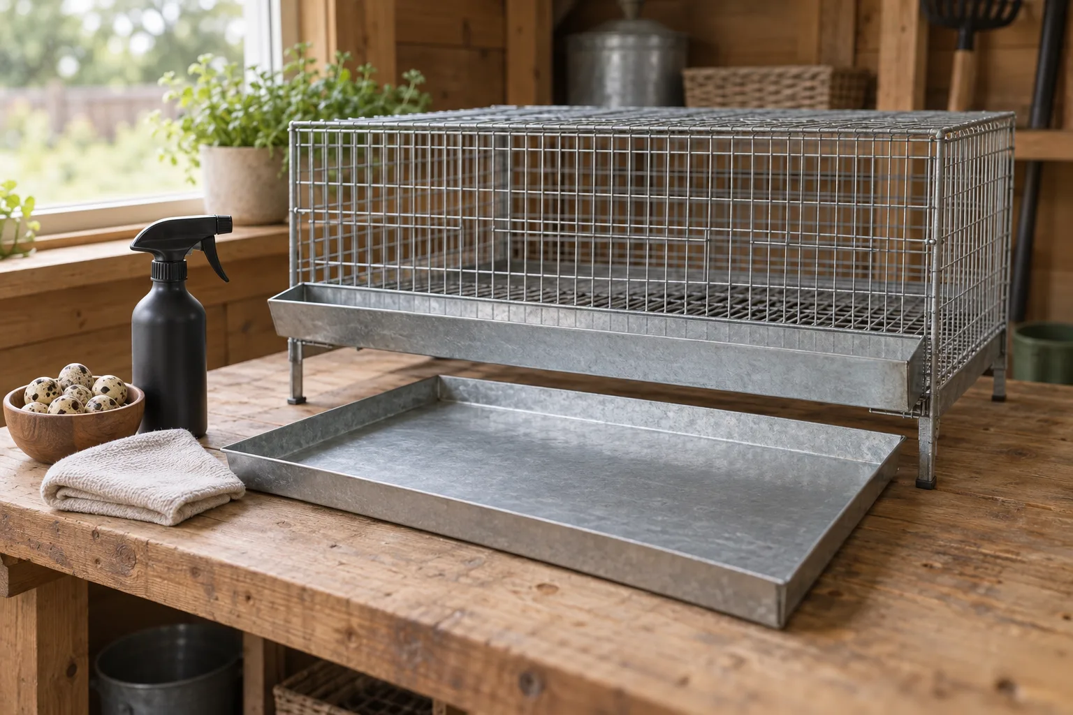 A plain wire quail cage with a blank washable manure tray and an unlabelled cleaning spray bottle on a wooden bench in a tidy shed.