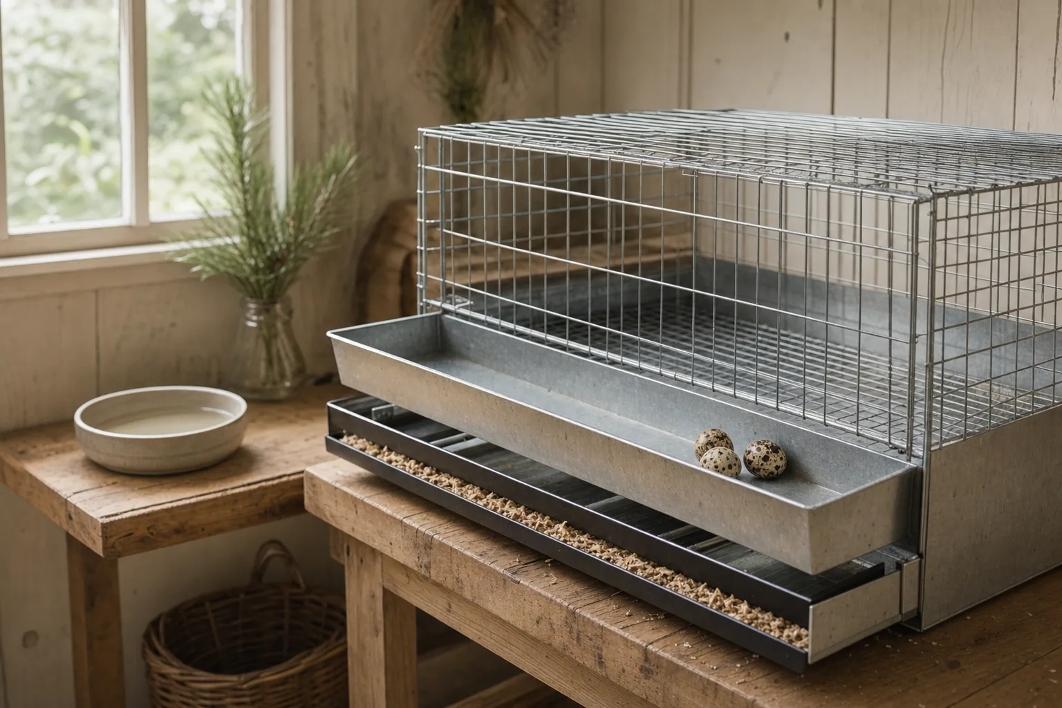 A plain unbranded wire quail cage on a wooden bench in a tidy shed, with three speckled quail eggs resting in a front collection tray.
