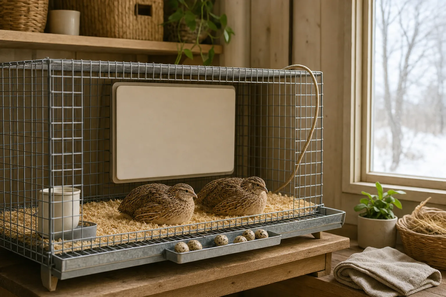 A plain wire Coturnix quail cage in a tidy shed with resting birds beside a generic wall-mounted radiant heat panel in soft winter light.