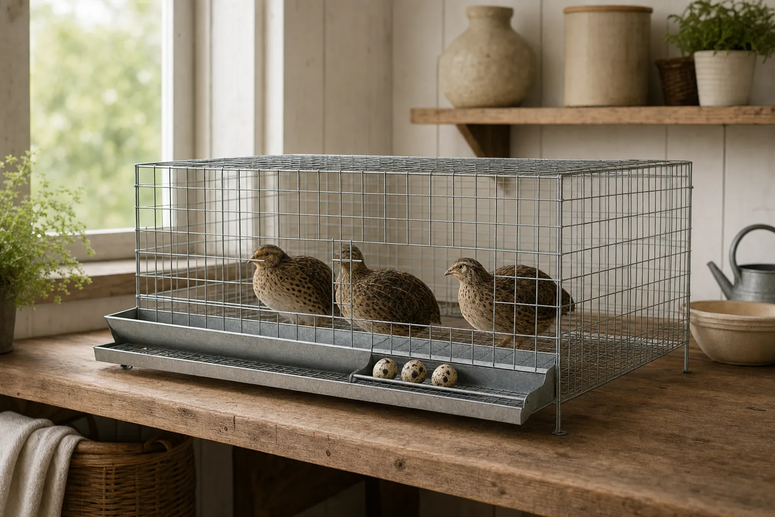 A plain galvanised wire quail cage on a wooden bench in a tidy shed, with three speckled quail eggs resting in a front collection tray.