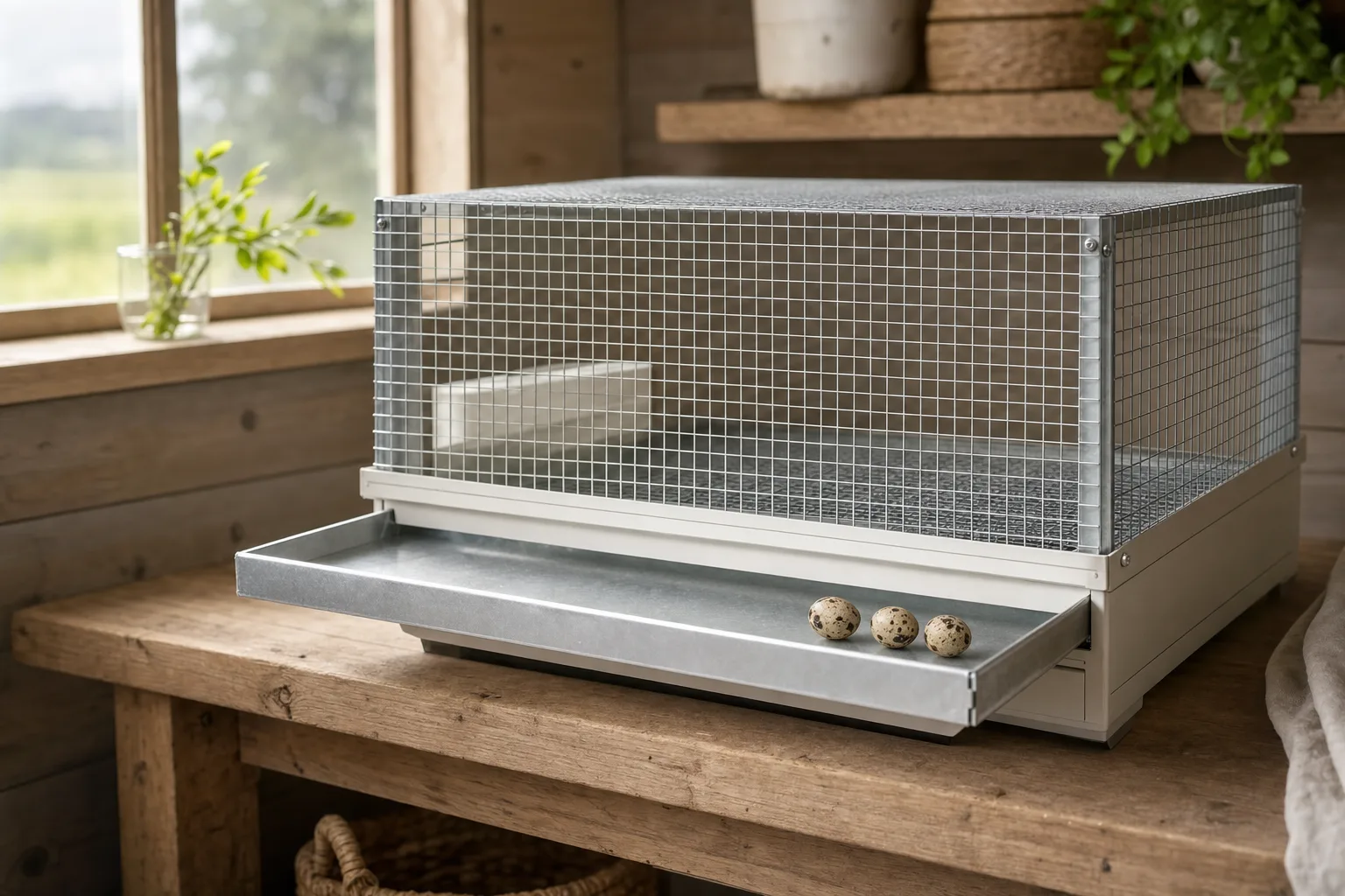 A plain, unbranded galvanised wire quail cage on a wooden bench with three speckled quail eggs resting in a front roll-out collection tray, lit softly from a shed window.
