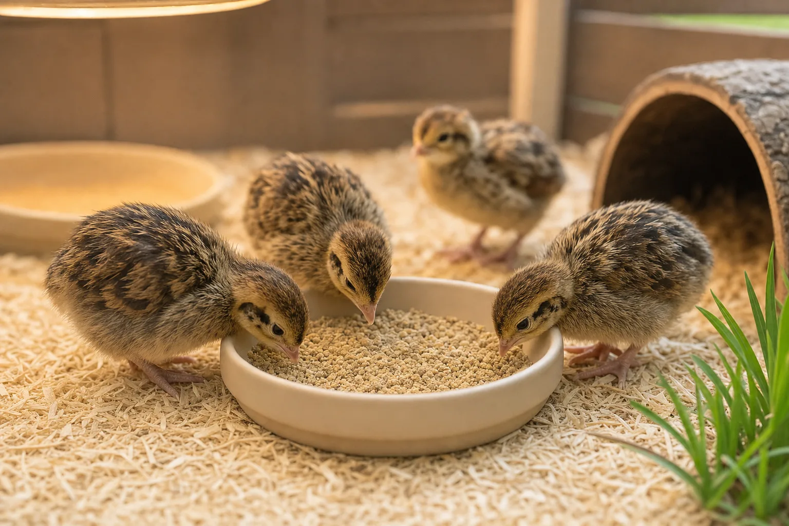 Tiny speckled coturnix quail chicks pecking at crumble around a plain unbranded dish feeder on pine shavings in a brooder.