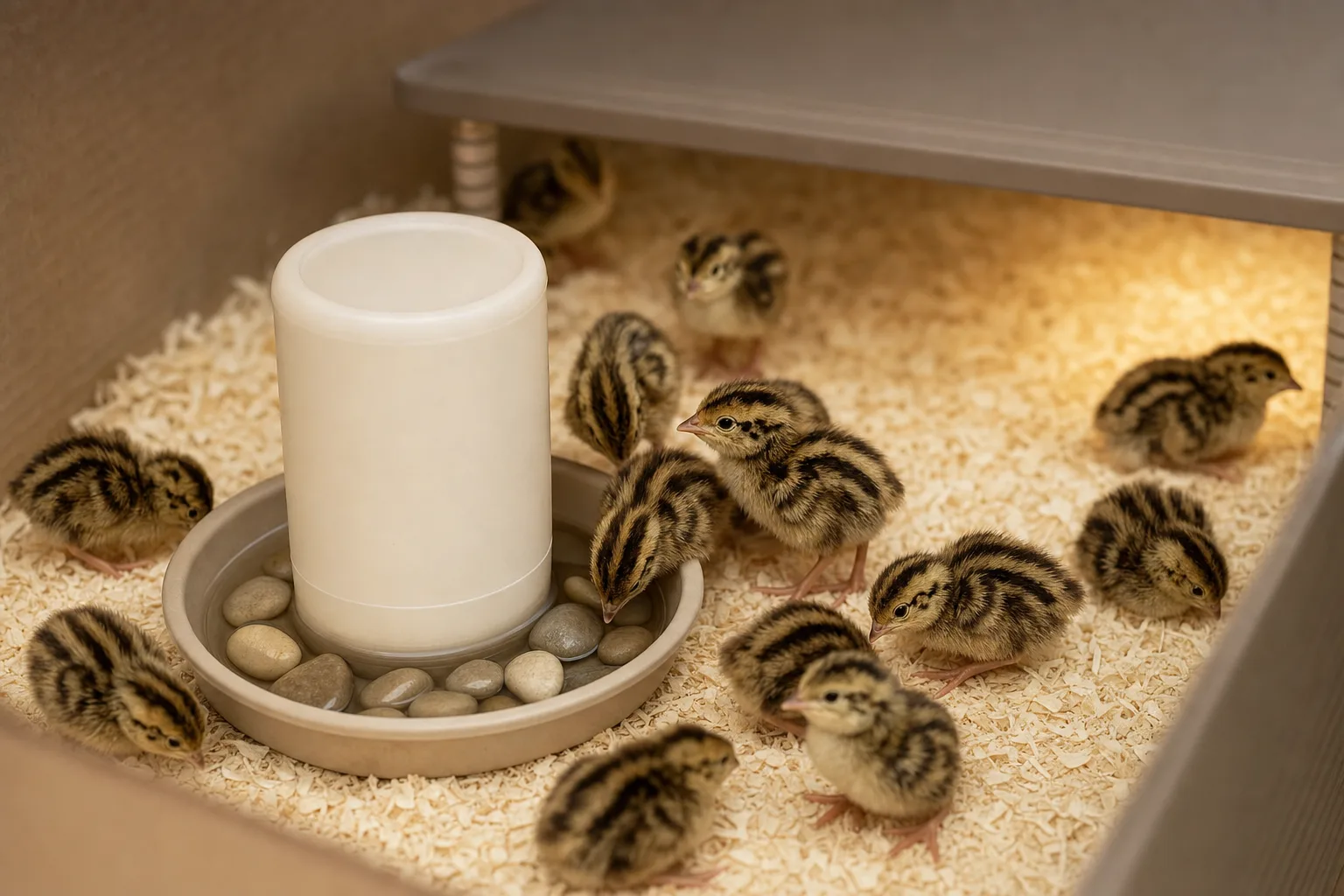 Newly hatched striped quail chicks stand around a plain shallow waterer with pebbles in it, on pine shavings under a warm brooder heat plate.