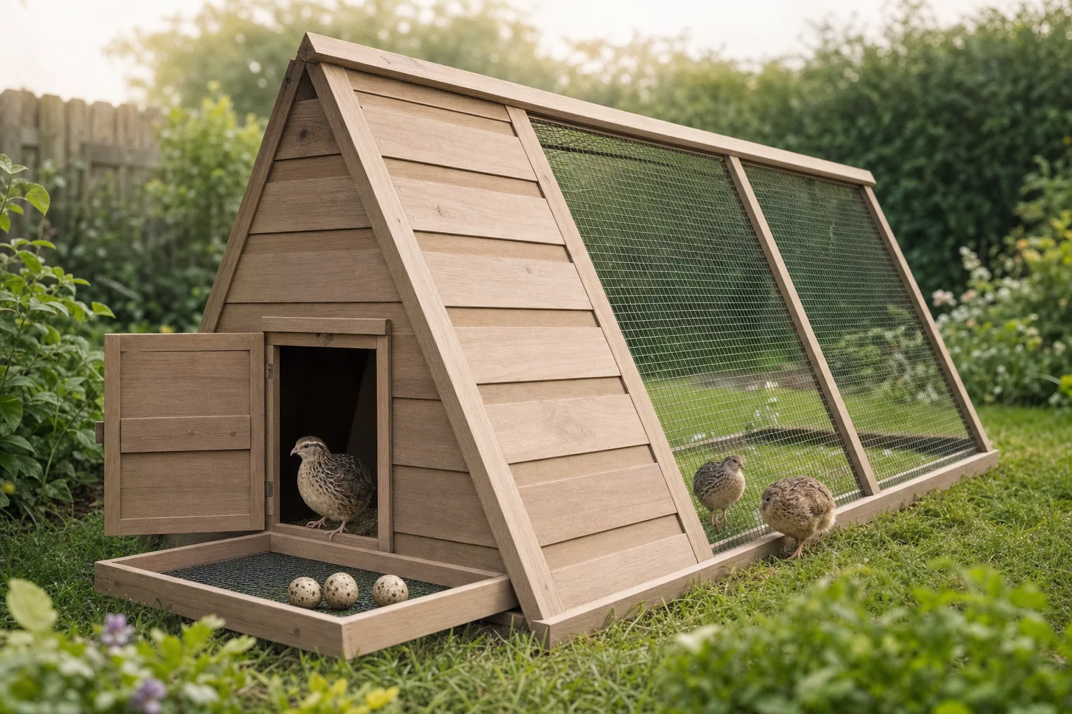 A plain wooden A-frame hutch with an attached wire run standing on grass in a sunny backyard, with three speckled quail eggs resting on a tray in front.