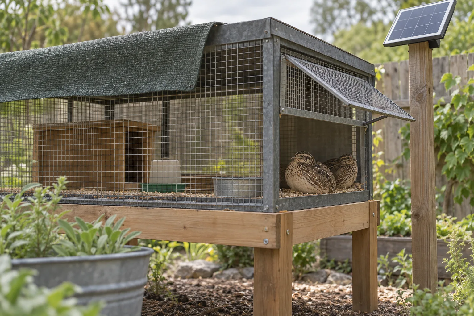 A small backyard wire quail coop with a shade-cloth roof, an unbranded solar panel on a fence post beside it, and a screened mesh vent, with two brown-speckled coturnix quail resting in the shaded corner.