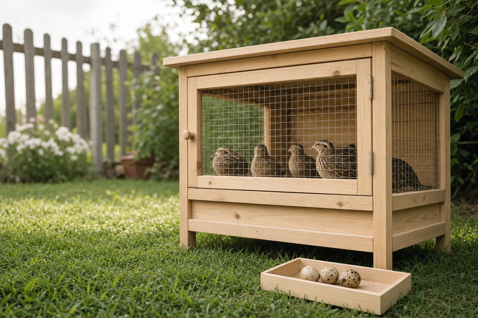 A plain wooden quail hutch with wire mesh panels and a tray of speckled quail eggs on a grassy backyard in soft morning light.