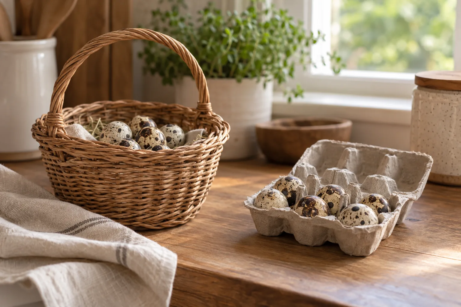 Speckled quail eggs sitting in a plain woven wicker basket on a wooden kitchen counter beside an unmarked paper egg carton.