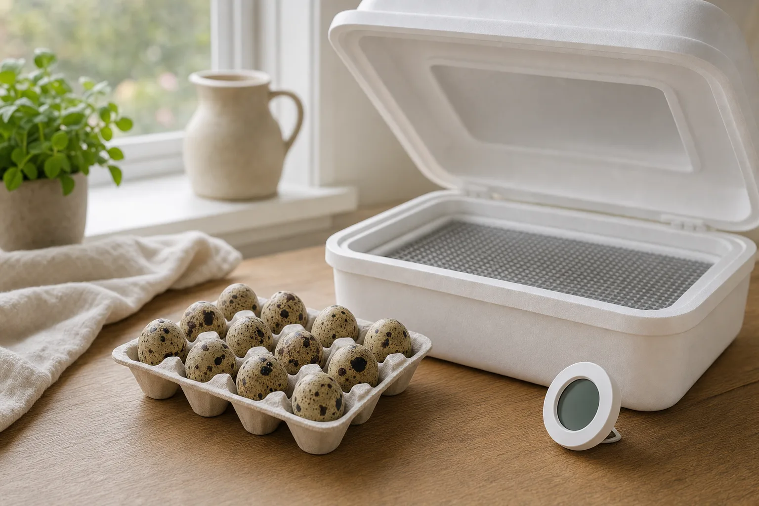 A dozen speckled quail eggs in a plain foam tray on a kitchen table beside an open unbranded countertop incubator and a small hygrometer, in soft morning light.