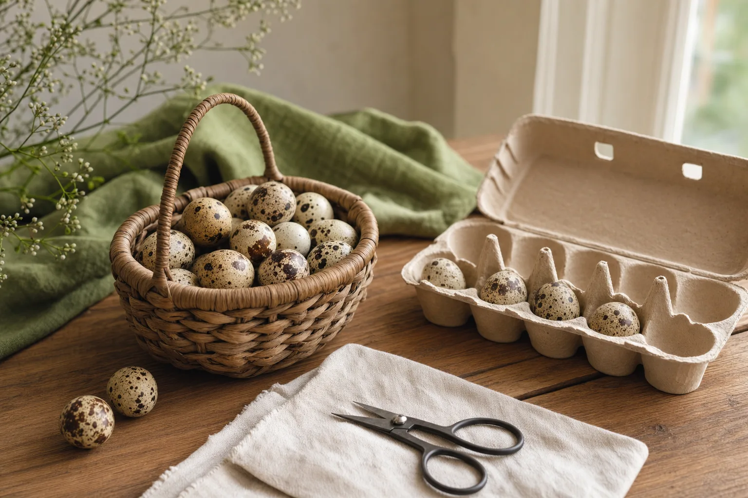 A basket of speckled quail eggs on a wooden table beside an open paper egg carton and a small pair of kitchen scissors in soft morning light.