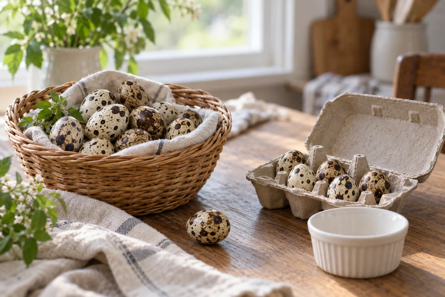 A wicker basket of speckled quail eggs on a wooden table beside a plain open paper egg carton, in soft morning light.