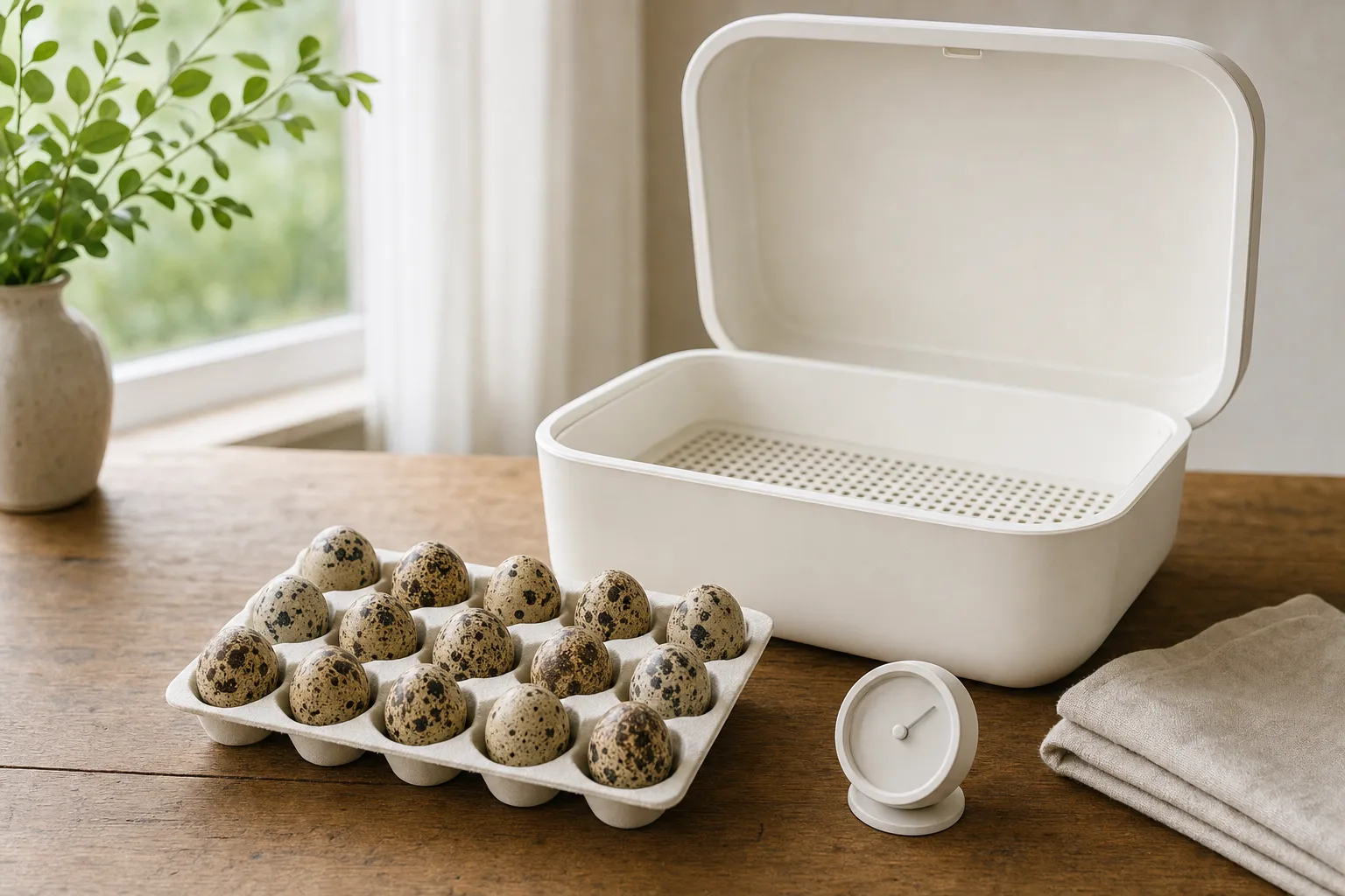Speckled quail eggs in a plain foam tray beside an open, unbranded countertop incubator on a kitchen table in soft morning light.