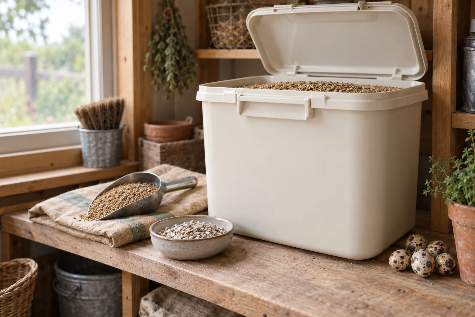 An open airtight feed storage vault with a scoop of game bird crumble, a dish of grit, and a few speckled quail eggs on a wooden shelf in a tidy feed room.