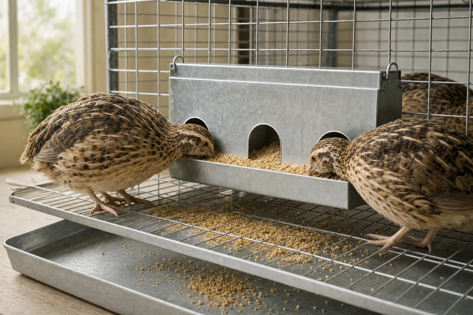 Adult Coturnix quail pecking crumble through the small ports of a plain unbranded hanging metal feeder mounted on a wire cage floor.