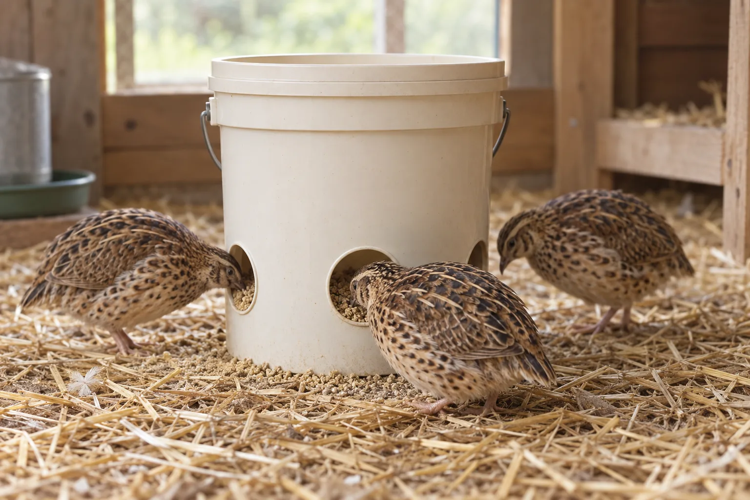 A plain cream bucket with small round openings used as a DIY feeder, with a few coturnix quail pecking at crumble from the ports on a straw-covered cage floor.