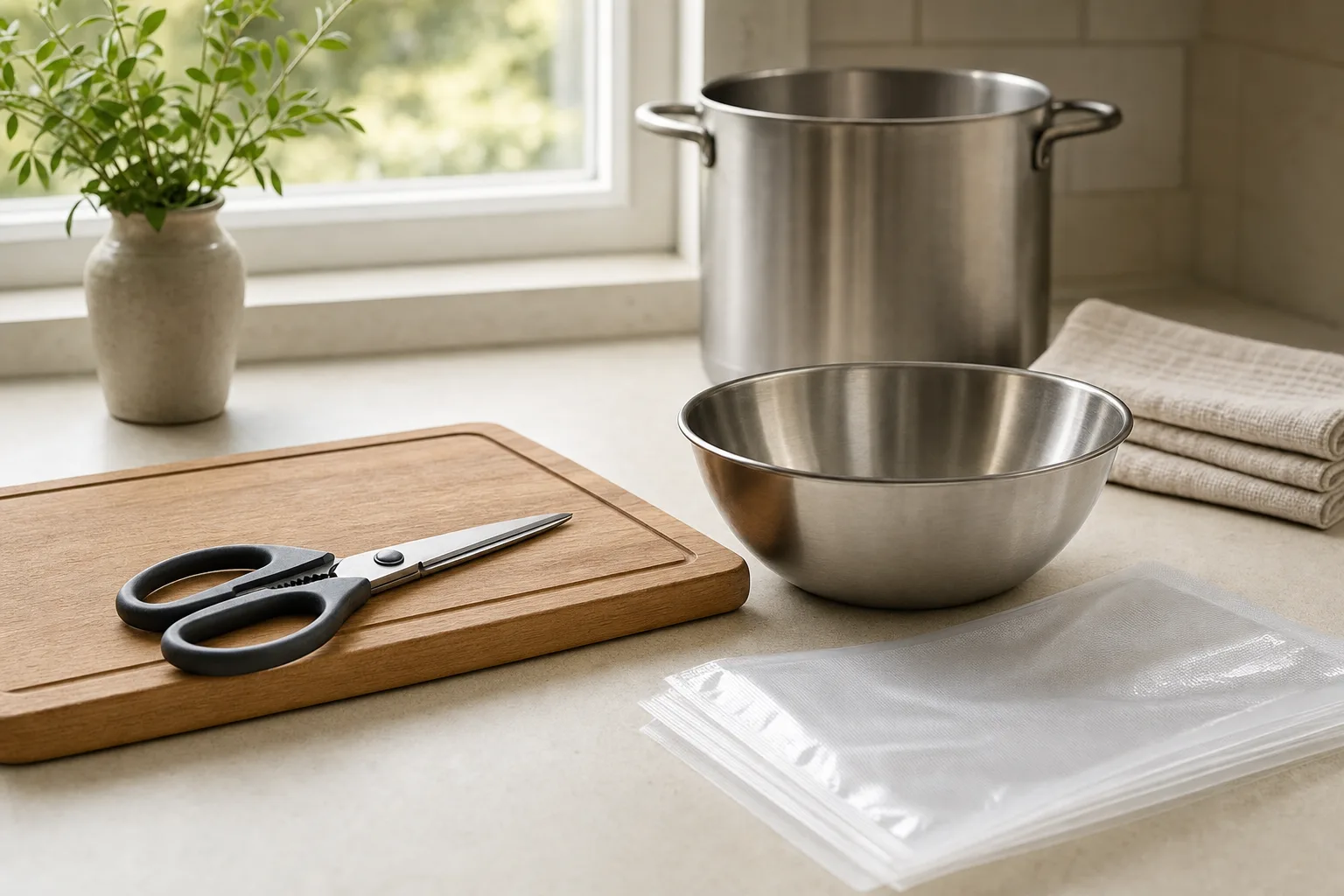 A clean kitchen counter arranged for home poultry prep with a stainless steel bowl, wooden cutting board, kitchen shears, a folded vacuum-seal bag, and a plain stockpot for scalding water, with no bird visible.