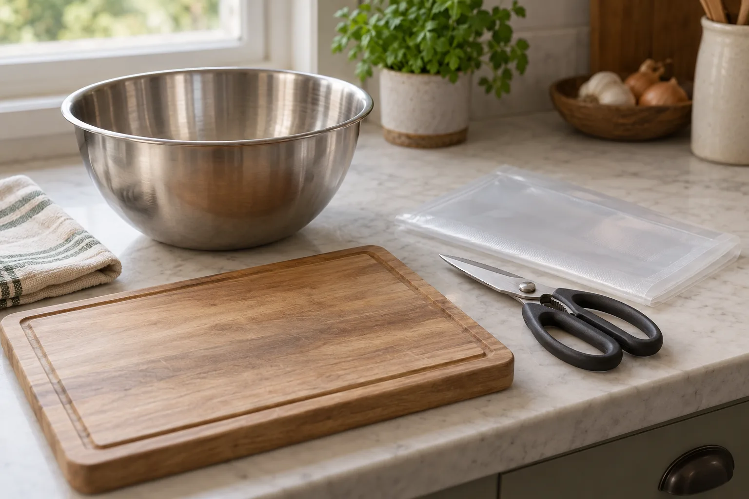 A clean kitchen counter arranged for processing day, with a stainless steel bowl, a wooden cutting board, a pair of unbranded kitchen shears, and a vacuum-seal bag in soft morning light.