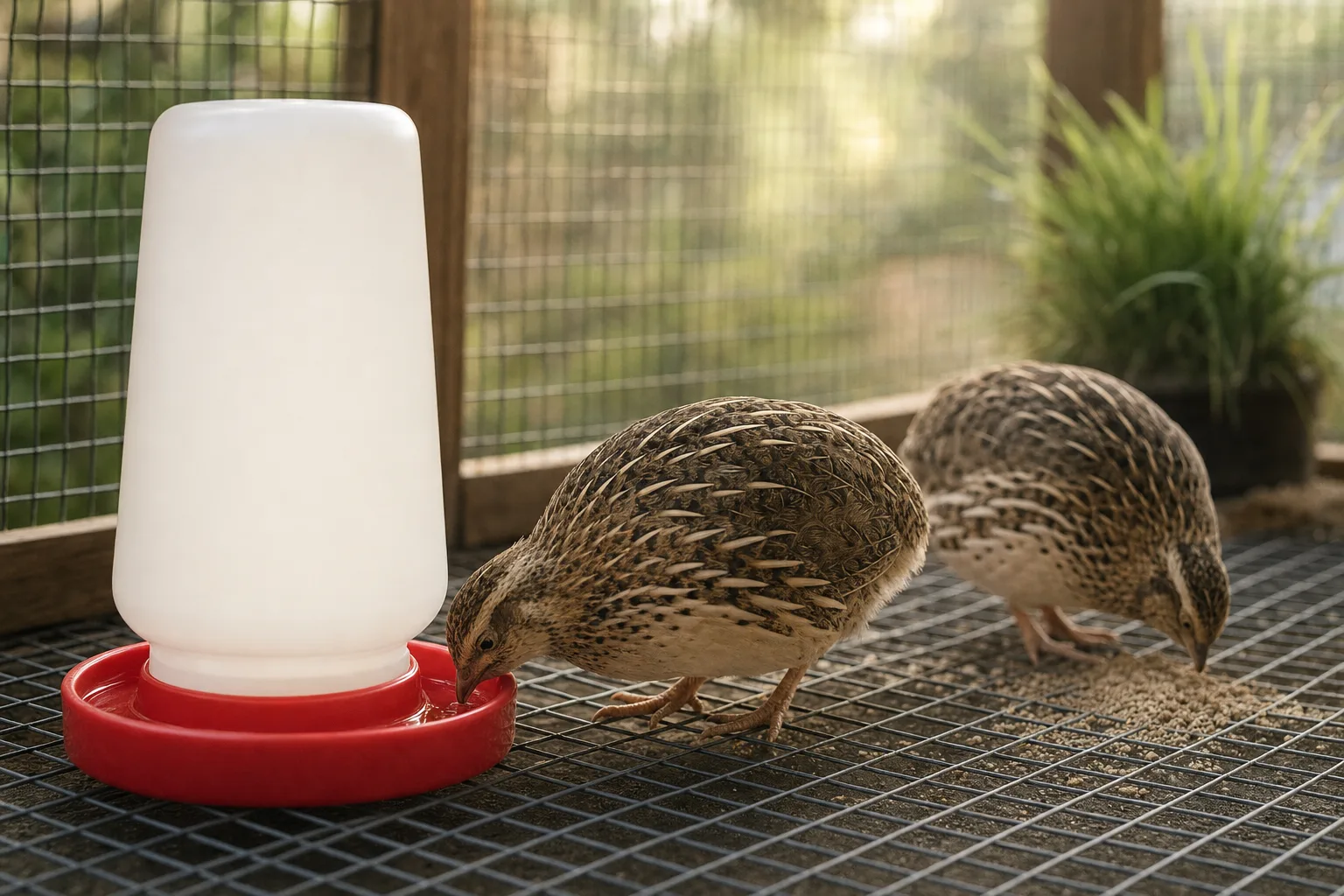 Row of waterer styles from gravity bottles to a piped automatic cup system on a wire cage floor