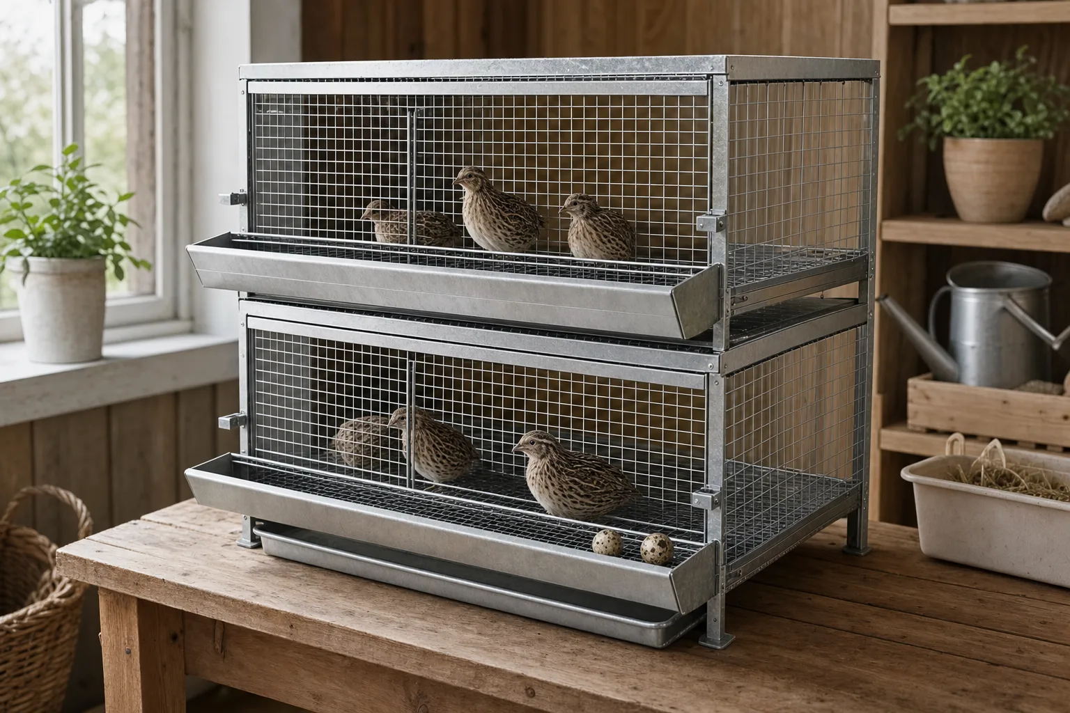 A plain two-tier galvanised wire quail cage with stacked sections on a wooden bench in a tidy shed, a few speckled quail eggs resting in the front collection tray.