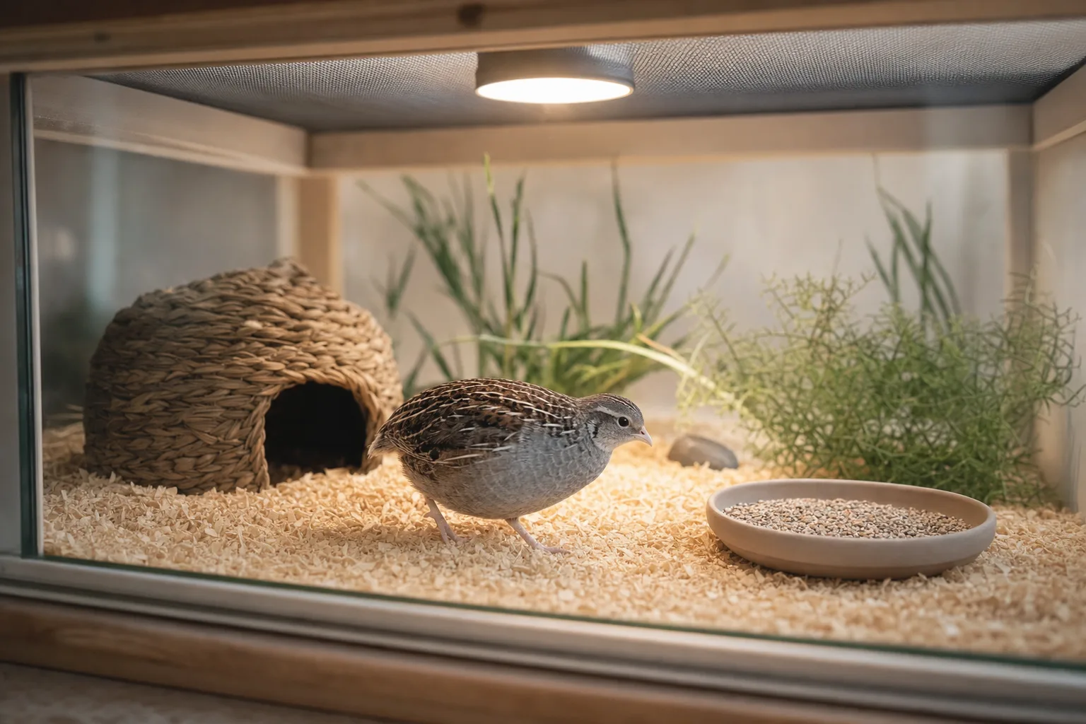 A tiny button quail with a silver-grey breast walks calmly on soft substrate inside a compact ground-level indoor enclosure with a low breathable soft top and a small hide in one corner.