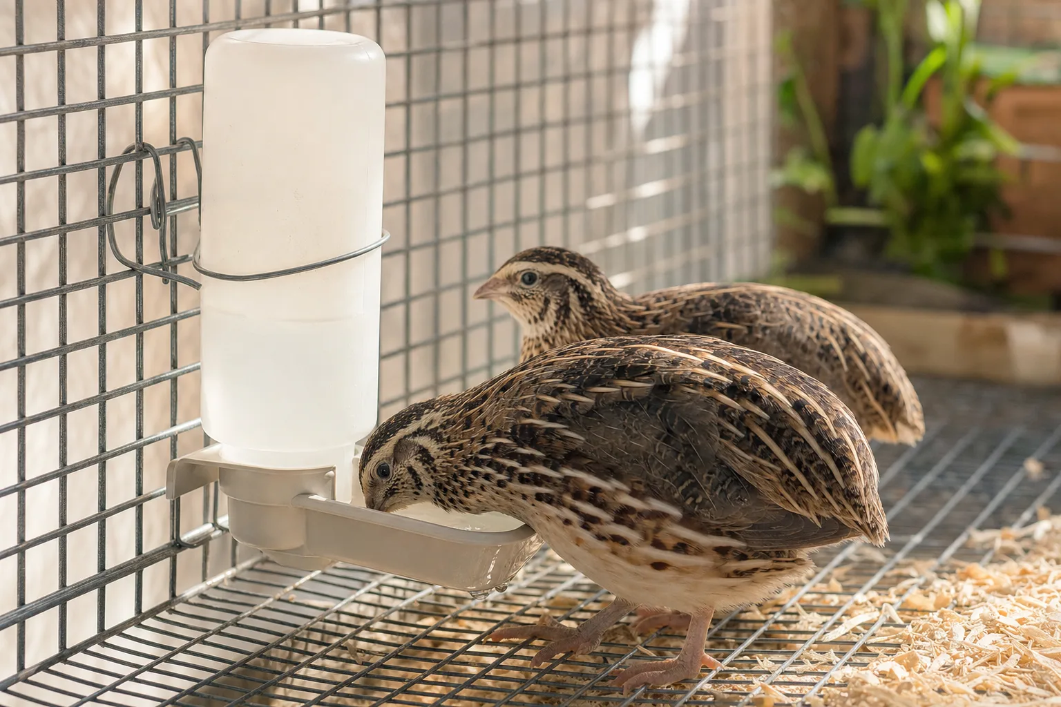 Two plump adult coturnix quail drinking from a plain white water bottle clipped to a wire cage.