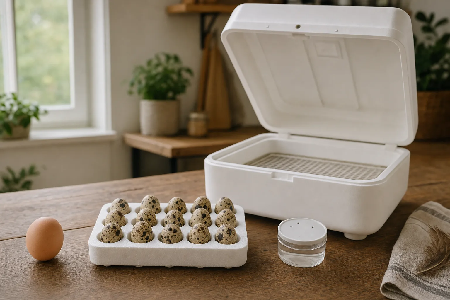 Small speckled quail eggs standing upright in a plain foam egg tray next to an unbranded countertop incubator with its lid open and a small hygrometer nearby.