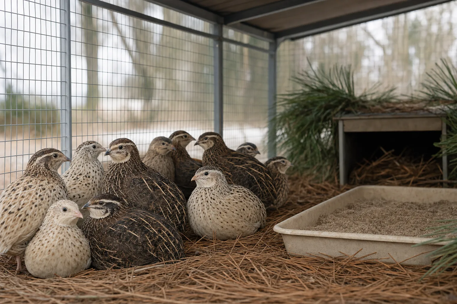 Adult coturnix quail sheltering on dry bedding inside a plain wire run with a protective roof on a winter morning.